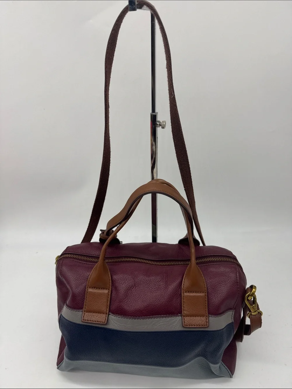 Fossil Leather Colorblock Satchel Bag in Burgundy, Navy & Gray